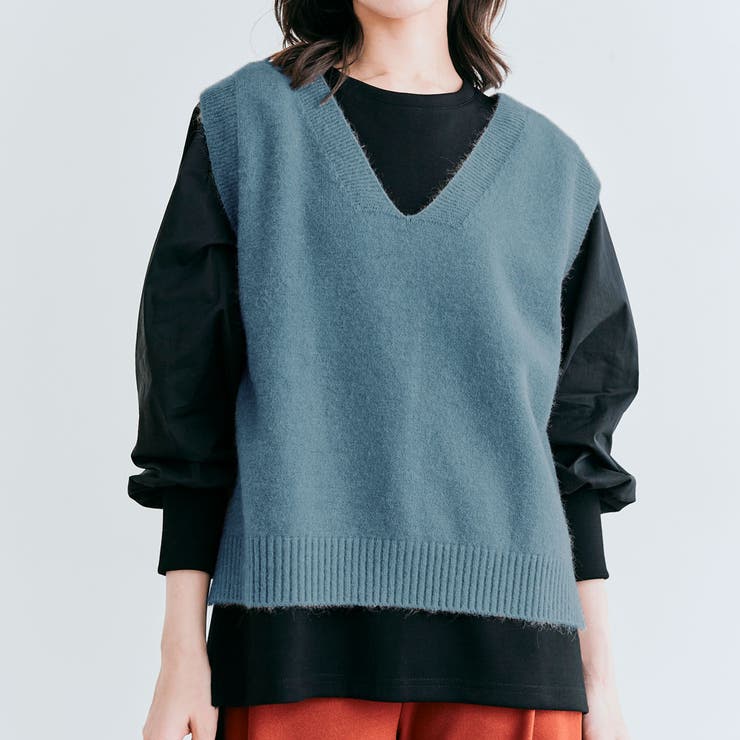 Vネックウールライクニットベスト トップス ニットベスト[品番
