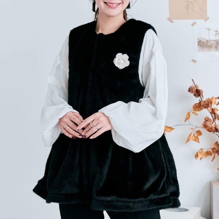 ブラック | リッチエコファーペプラムジレベスト ベスト ジレ | kirakiraShop 