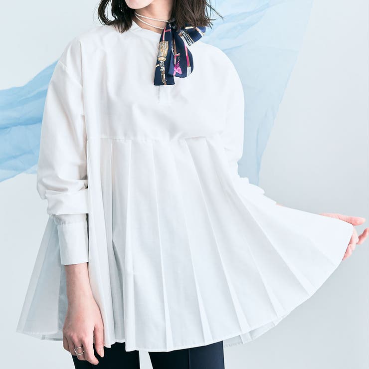 オフホワイト | プリーツ切り替えヘンリーネックシャツ 2タイプ アイロン要らず | kirakiraShop