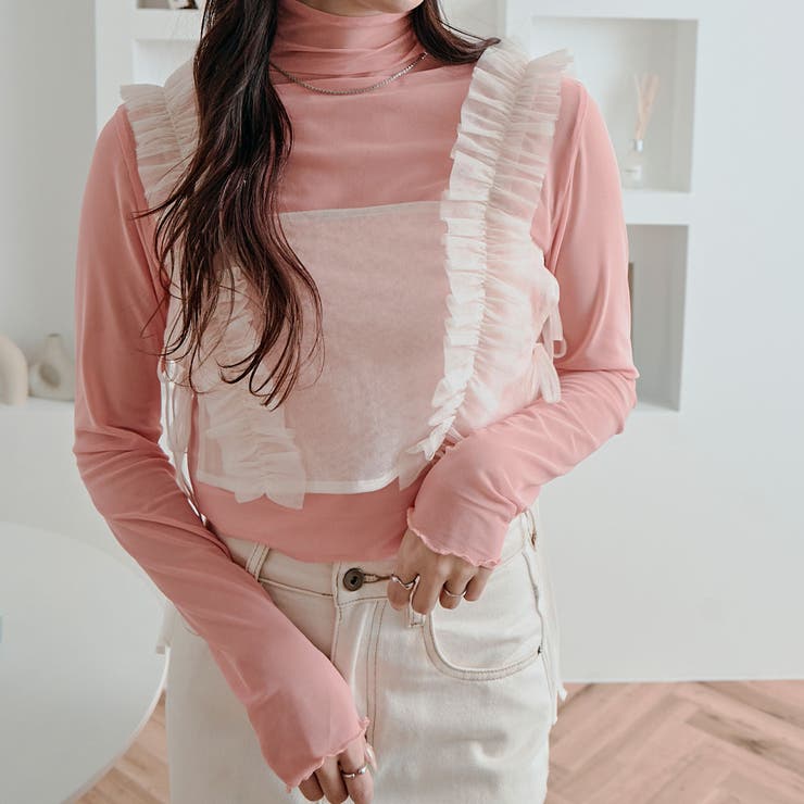 シアーメッシュハイネックトップス 長袖 ロンT[品番：IK000006716