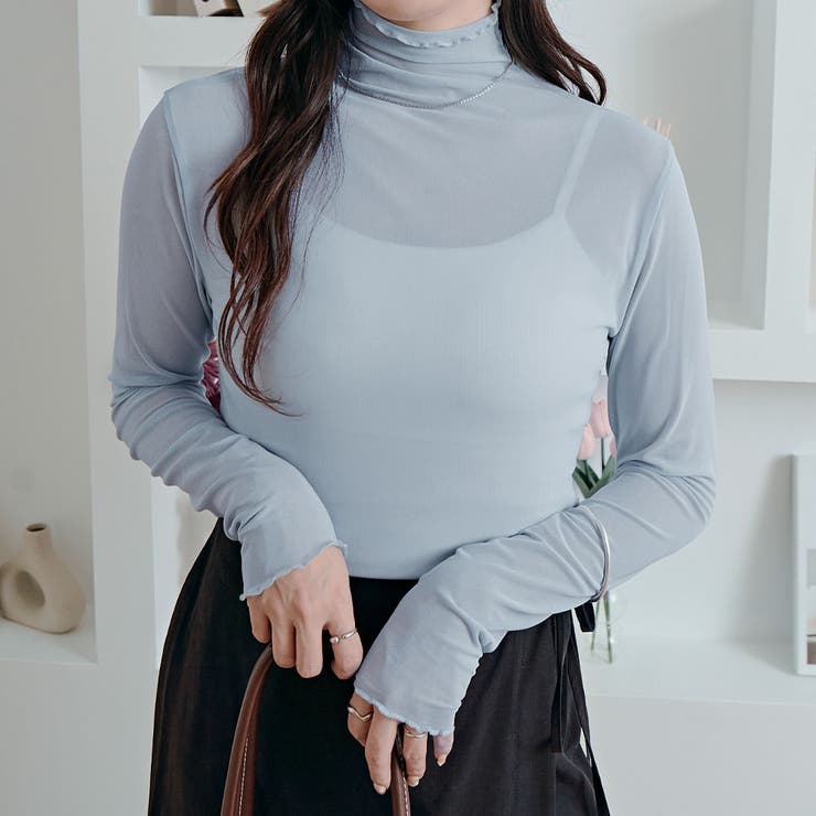 シアーメッシュハイネックトップス 長袖 ロンT[品番：IK000006716