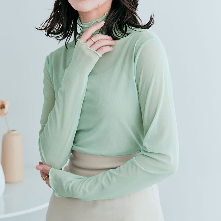 セール】ハイネックシアートップ／high neck sheer top モック