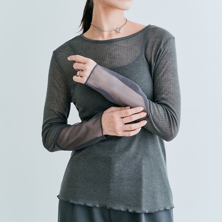チャコール | 袖切り替えシアーニットソー 3サイズ シアー | kirakiraShop 