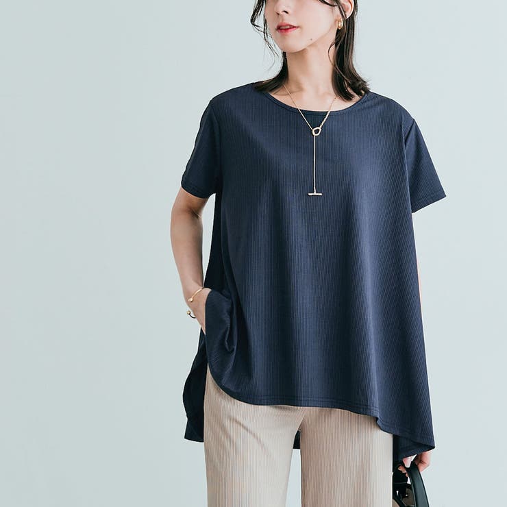 ネイビー | 前後ヘムプリーツストレッチ半袖トップス 2サイズ セットアップ可能 | kirakiraShop 