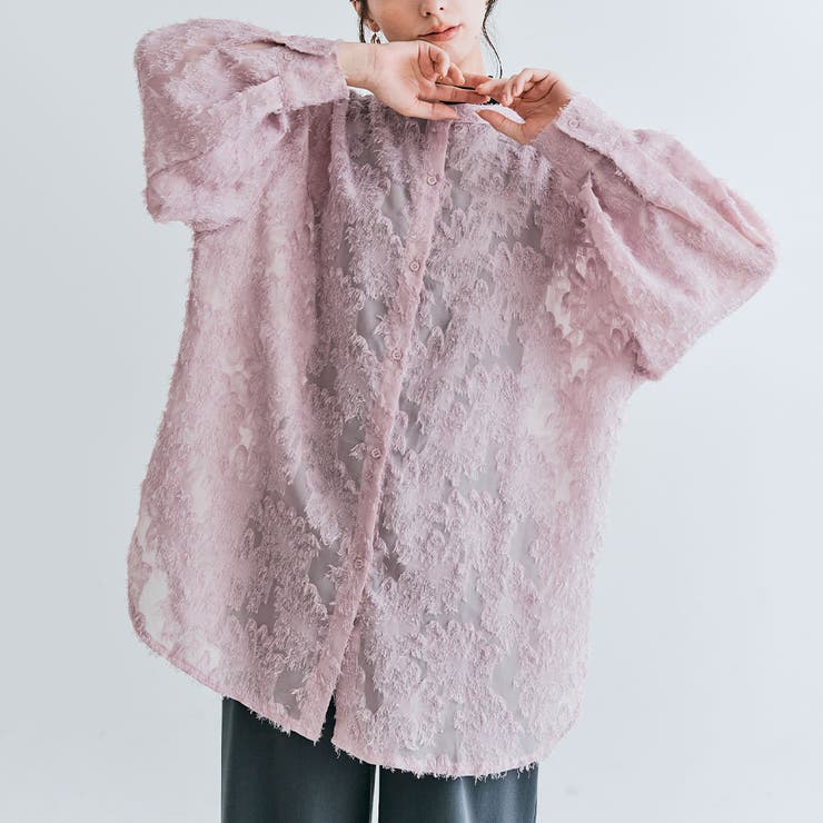 激安人気新品 ジャガードフリンジ長袖シアーシャツ 体型カバー ジャガード アクセサリー