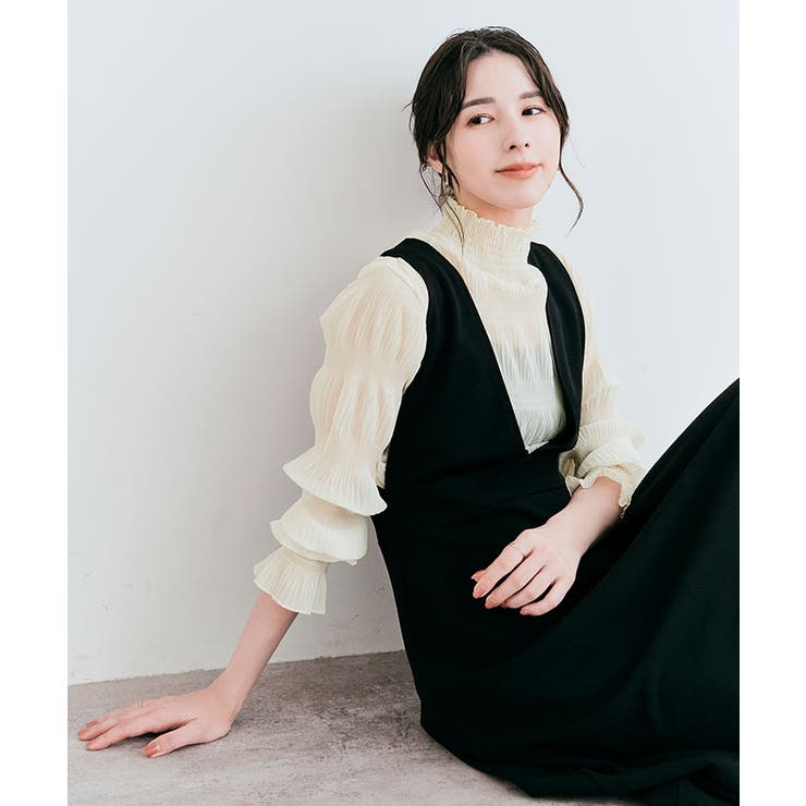 シャーリングシフォンブラウス 3サイズ 二の腕隠し[品番