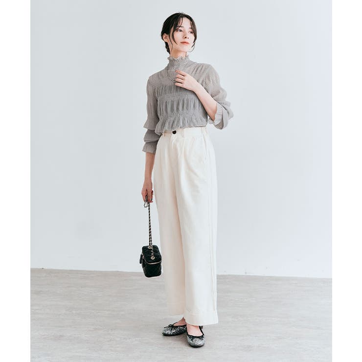 シャーリングシフォンブラウス 3サイズ 二の腕隠し[品番