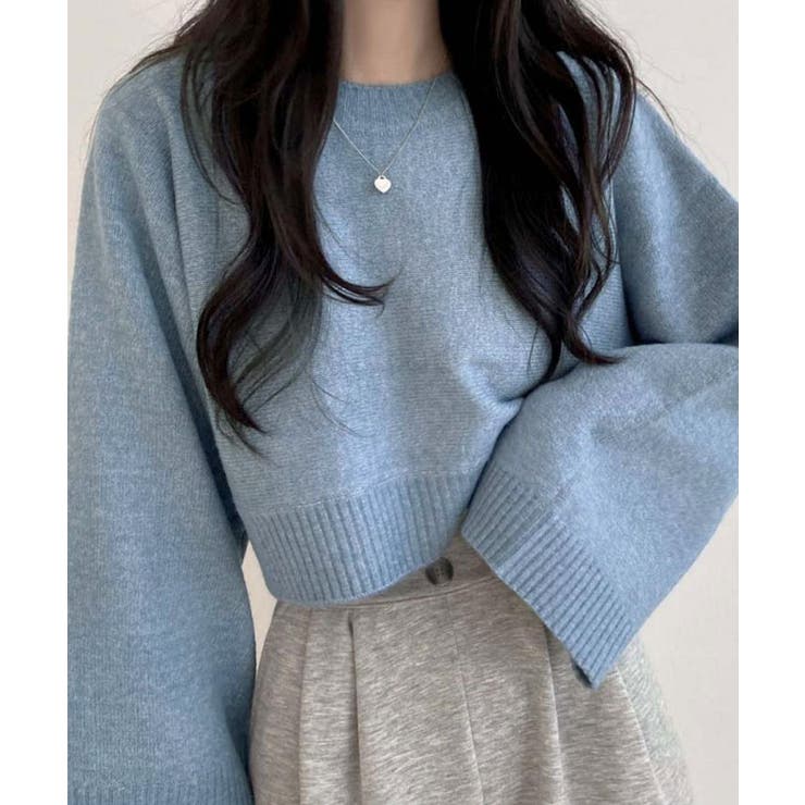 ブルー | ワイドスリーブショートニット トップス ニット | kirakiraShop 