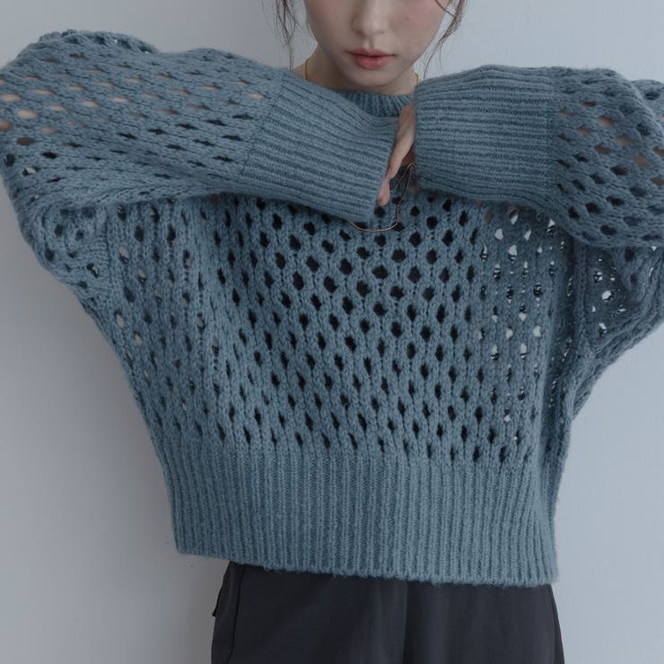 ストーンブルー | 【maviru】メッシュ透かし編みショートニット トップス ニット | kirakiraShop 