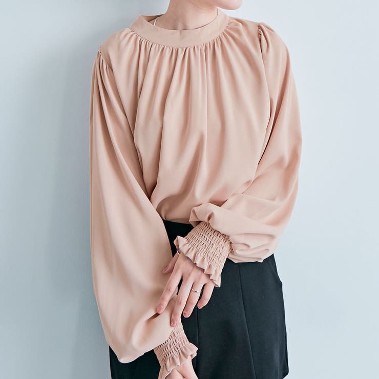 ピンクベージュ | スタンドカラーギャザーブラウス 2サイズ シャツ | kirakiraShop 
