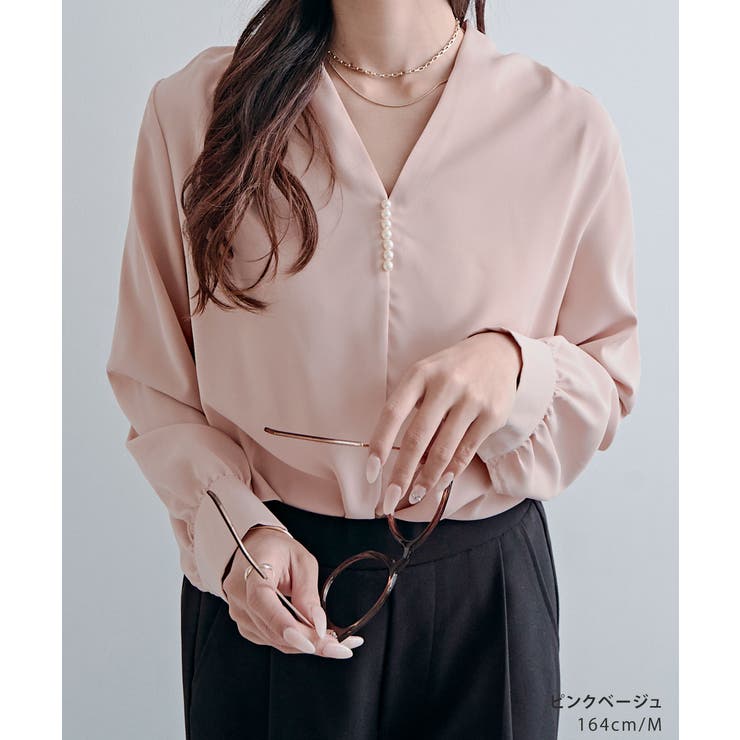 パールVネックブラウス シャツ シフォン | kirakiraShop  | 詳細画像12 