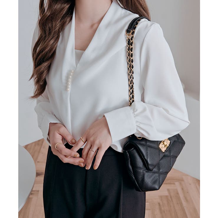 パールVネックブラウス シャツ シフォン | kirakiraShop  | 詳細画像5 