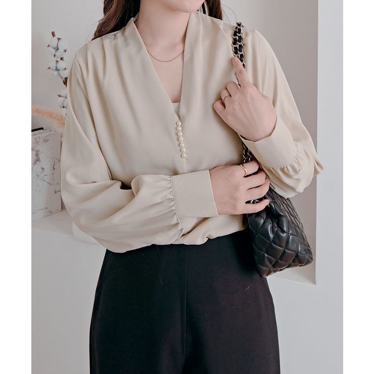 パールVネックブラウス シャツ シフォン | kirakiraShop  | 詳細画像11 