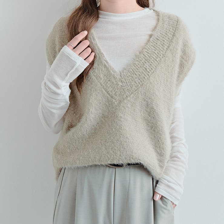 グレー | 深Vネックシャギーニットベスト トップス ベスト | kirakiraShop 