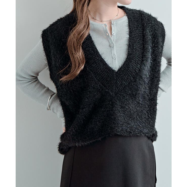 深Vネックシャギーニットベスト トップス ベスト | kirakiraShop  | 詳細画像5 
