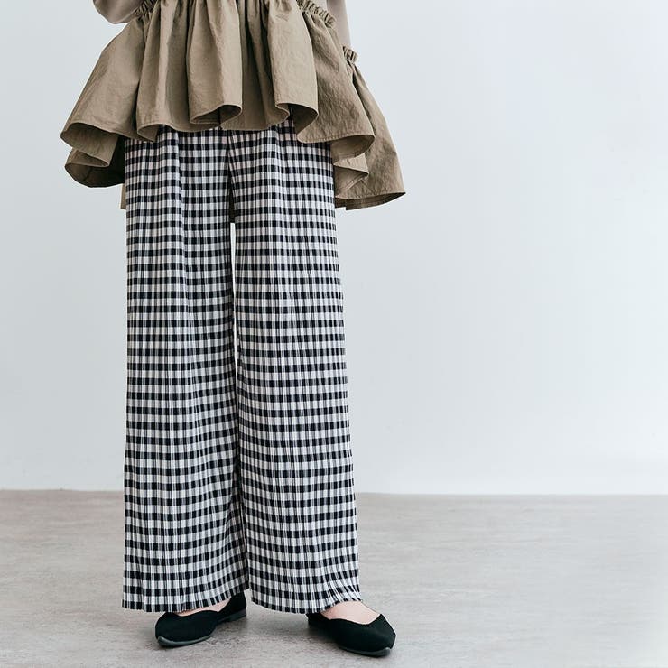 I-ギンガムブラック | アコーディオンプリーツルーズワイドパンツ 2タイプ ワイドパンツ | kirakiraShop 