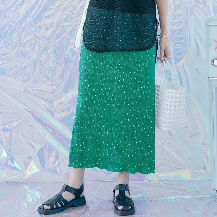 B-ドットグリーン | 総柄ランダムプリーツナロースカート ボトムス ナロースカート | kirakiraShop 