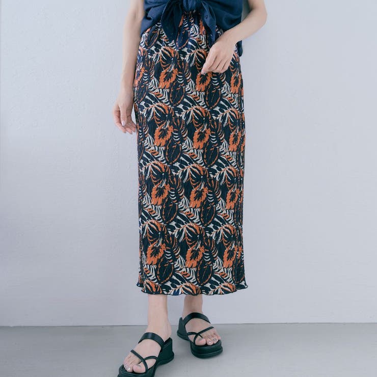 C-トロピカルオレンジ | 総柄ランダムプリーツナロースカート ボトムス ナロースカート | kirakiraShop 