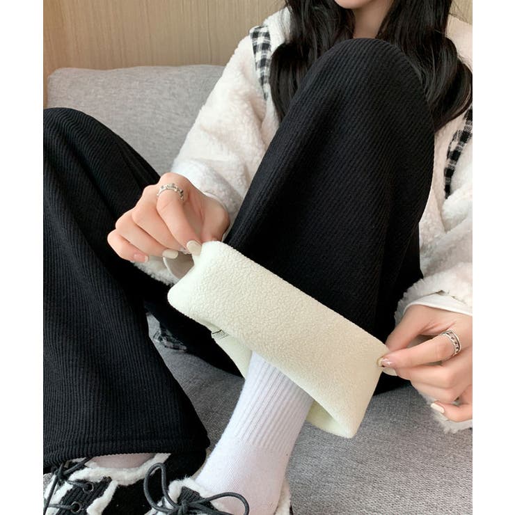 ブラック | 裏起毛コーデュロイワイドパンツ ボトムス パンツ | kirakiraShop 