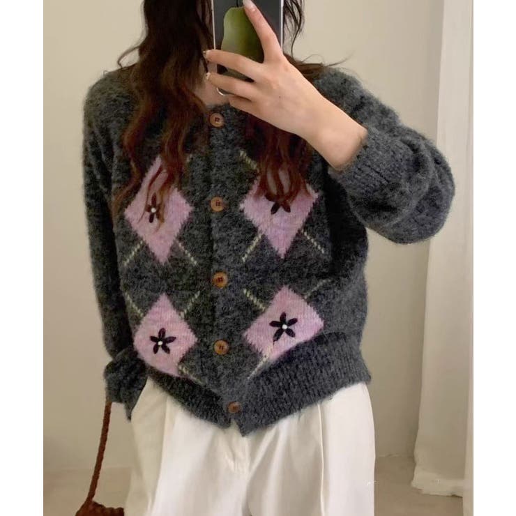 フラワー刺繍アーガイルニットカーディガン トップス カーディガン