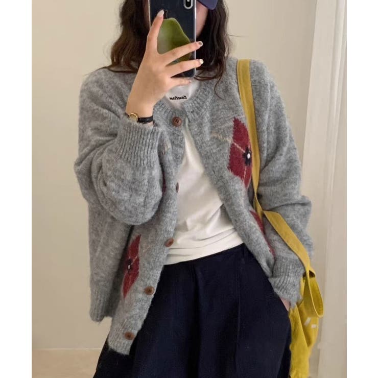 フラワー刺繍アーガイルニットカーディガン トップス カーディガン