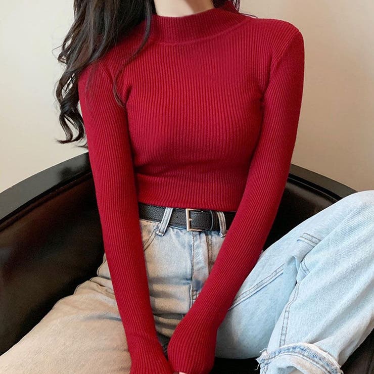 レッド | ハイネックリブニット トップス リブニット | kirakiraShop 