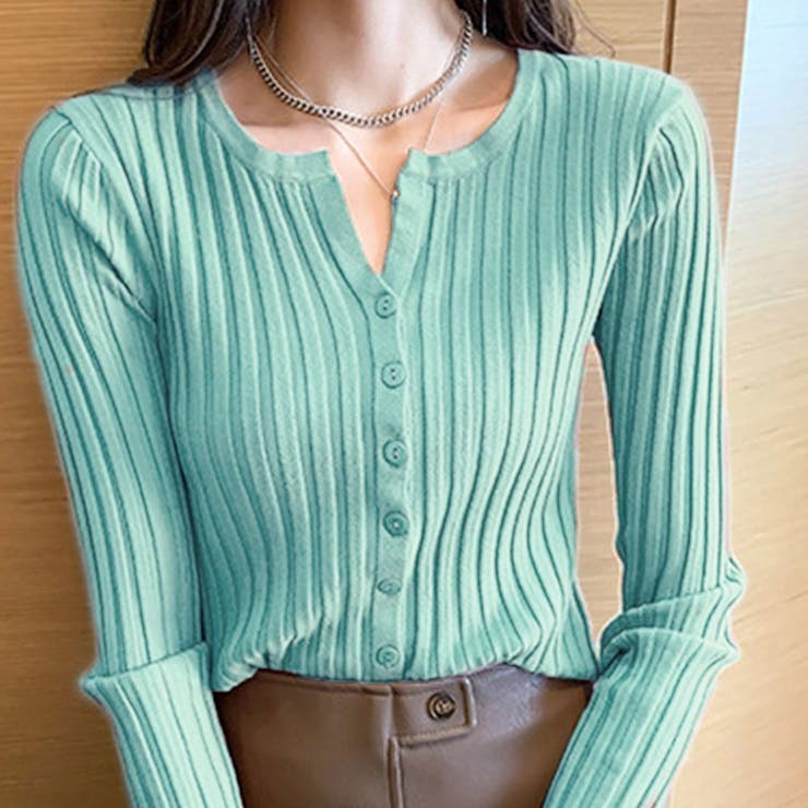 ミント | キーネックリブニットカーディガン トップス リブニット | kirakiraShop 