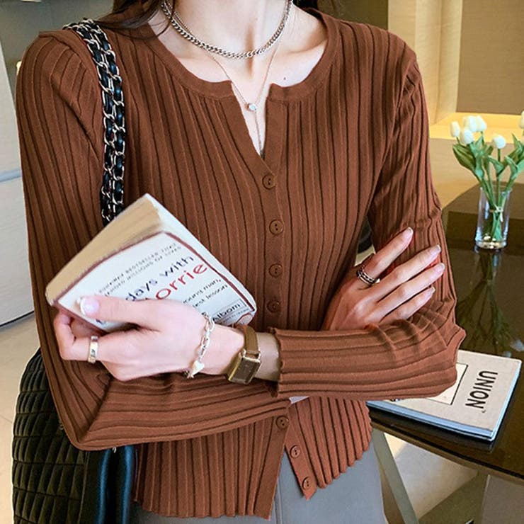 ブラウン | キーネックリブニットカーディガン トップス リブニット | kirakiraShop 