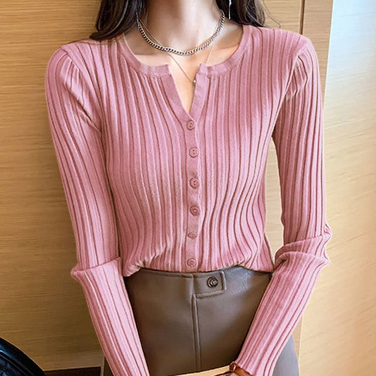 ベビーピンク | キーネックリブニットカーディガン トップス リブニット | kirakiraShop 