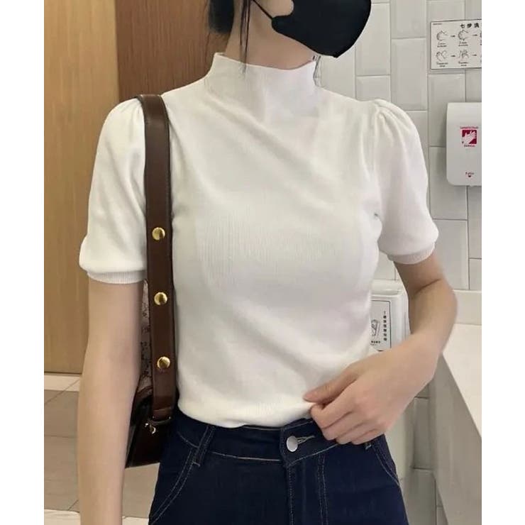 ホワイト | パフスリーブプチハイネックニットトップス カットソー ニット | kirakiraShop 