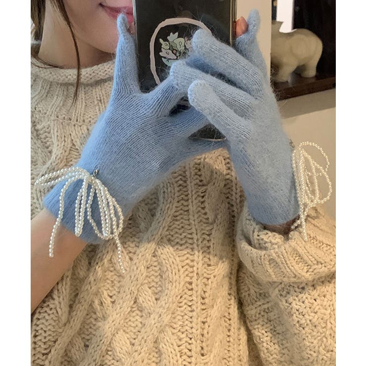 ブルー | 指穴付きパールリボンニットグローブ 小物 ニット手袋 | kirakiraShop 
