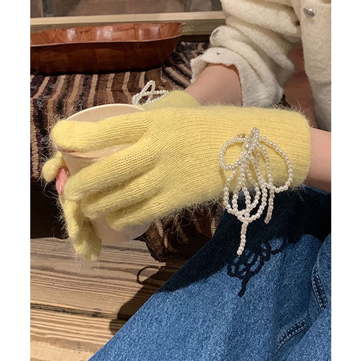 イエロー | 指穴付きパールリボンニットグローブ 小物 ニット手袋 | kirakiraShop 