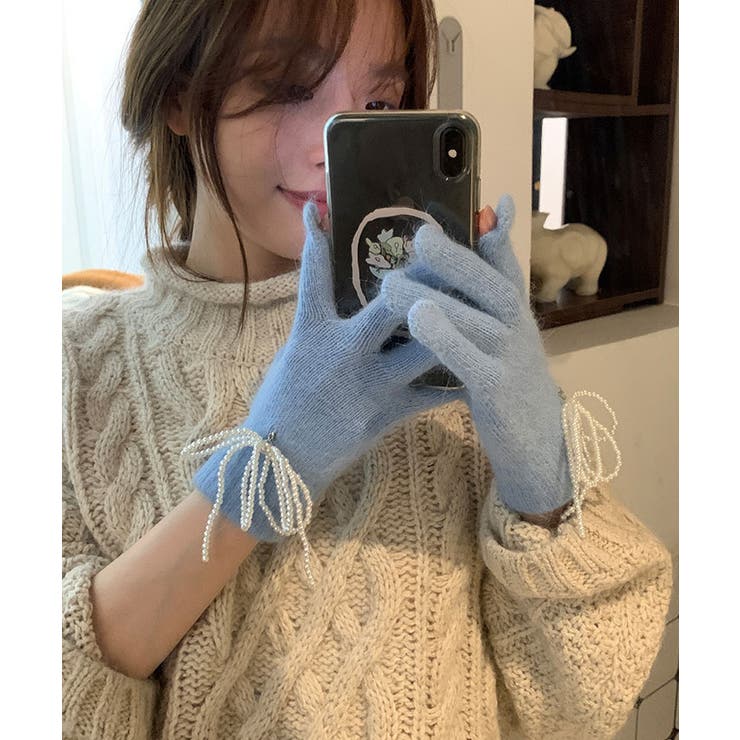 指穴付きパールリボンニットグローブ 小物 ニット手袋[品番