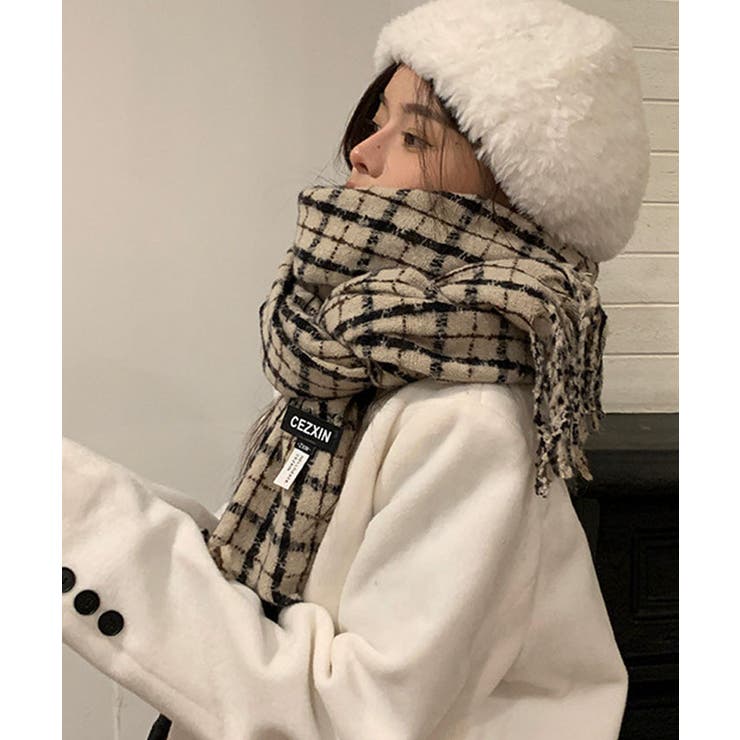 タータンチェックフリンジマフラー ユニセックス ニットマフラー