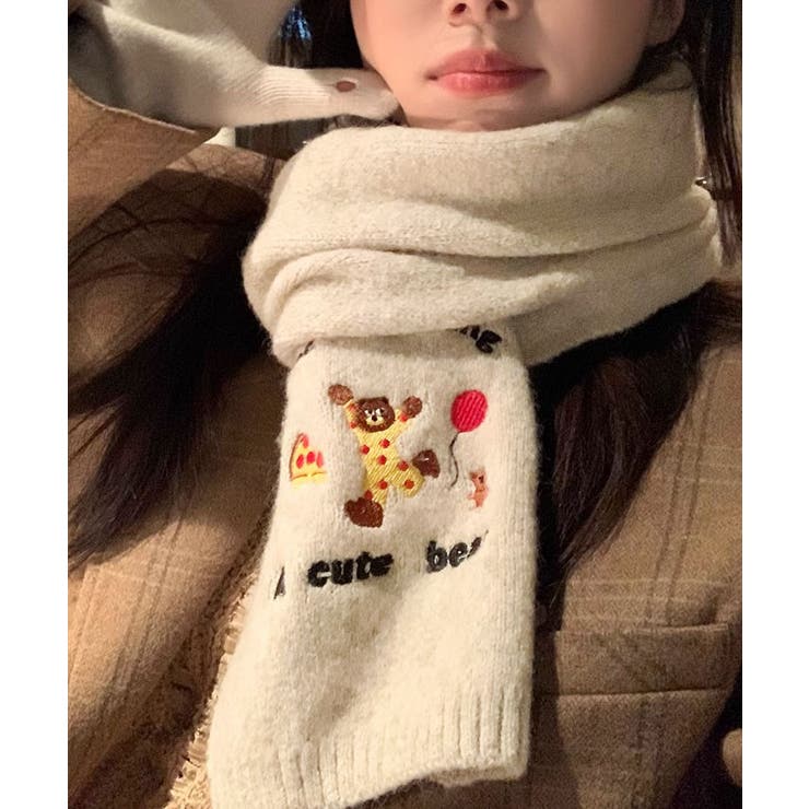 送料無料キャンペーン ベア刺繍ニットマフラー ユニセックス メンズ[品番：IK000007862 小物