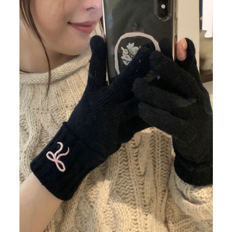 ブラック | 指穴付きリボンニットグローブ 小物 ニット手袋 | kirakiraShop 