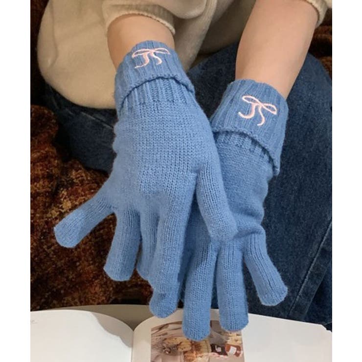 ブルー | 指穴付きリボンニットグローブ 小物 ニット手袋 | kirakiraShop 