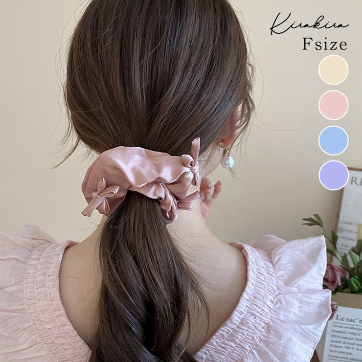 パール付きリボンサテンシュシュ 小物 ヘアアクセサリー[品番
