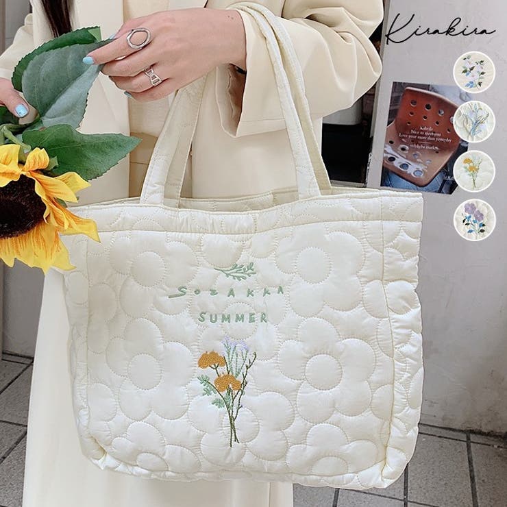 花刺繍キルティングトートバッグ かばん 鞄