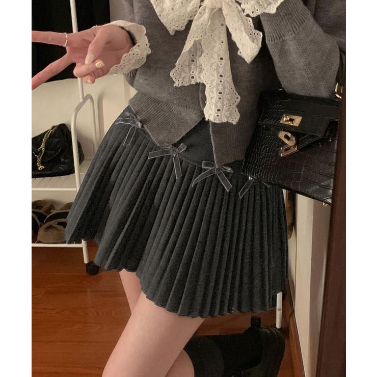フェイクウールリボンプリーツミニスカート ミニスカート