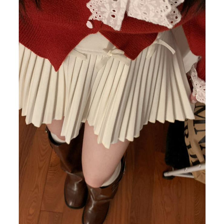 フェイクウールリボンプリーツミニスカート ミニスカート