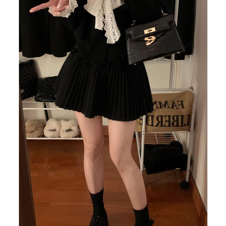 フェイクウールリボンプリーツミニスカート ミニスカート