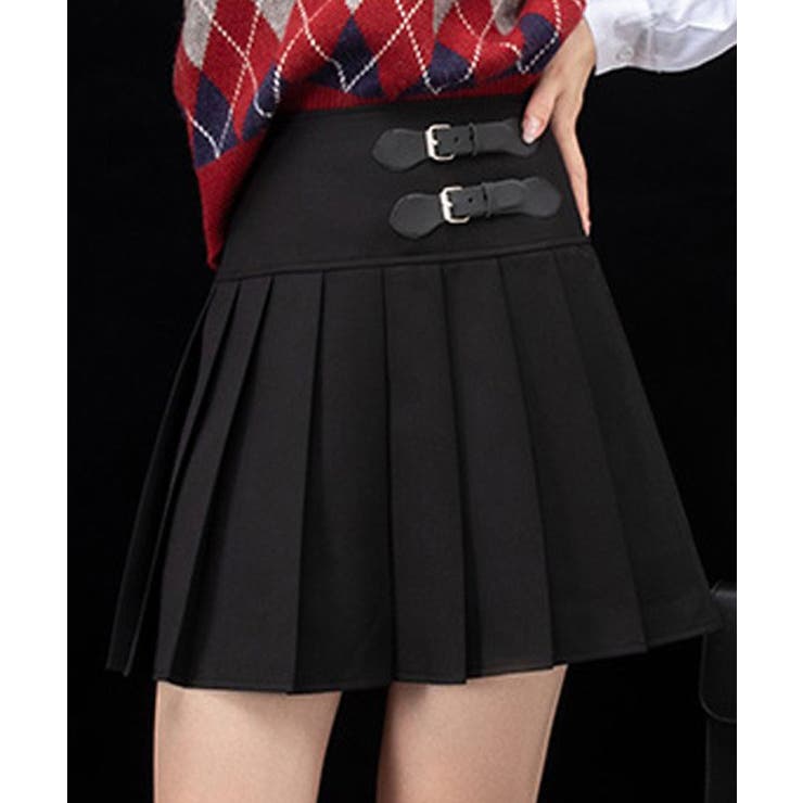 Wベルトプリーツミニスカート ミニスカート プリーツスカート