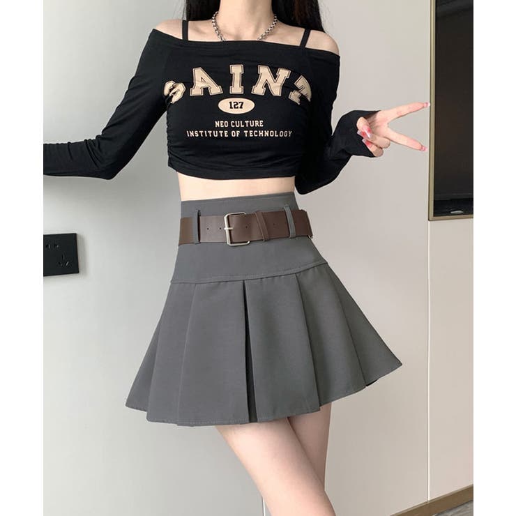 ベルトループ付きプリーツミニスカート ミニスカート プリーツ