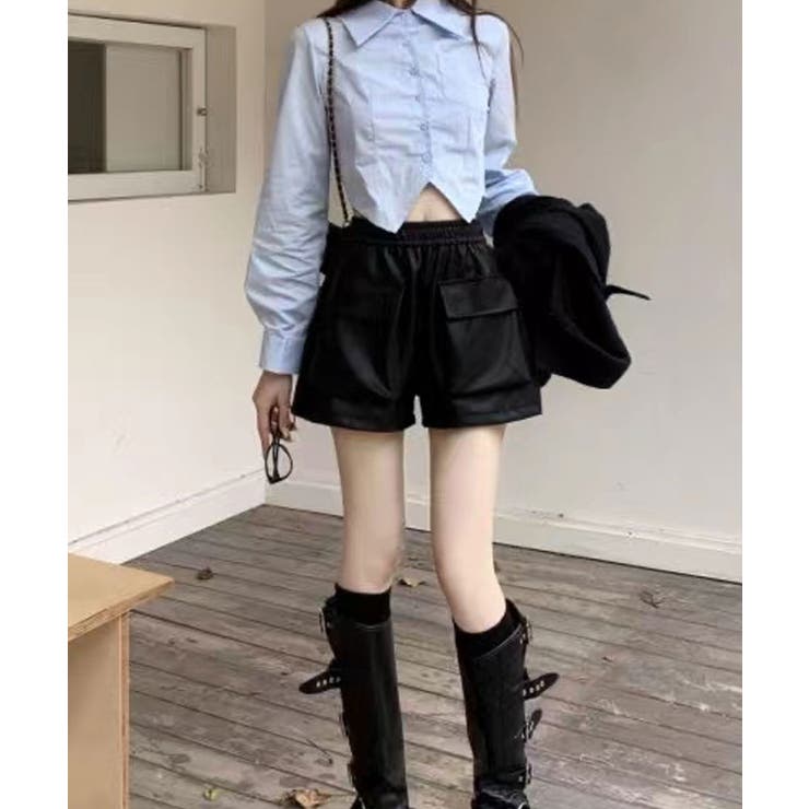 フロントポケットフェイクレザーショートパンツ2サイズ ボトムス フェイクレザー | kirakiraShop  | 詳細画像2 