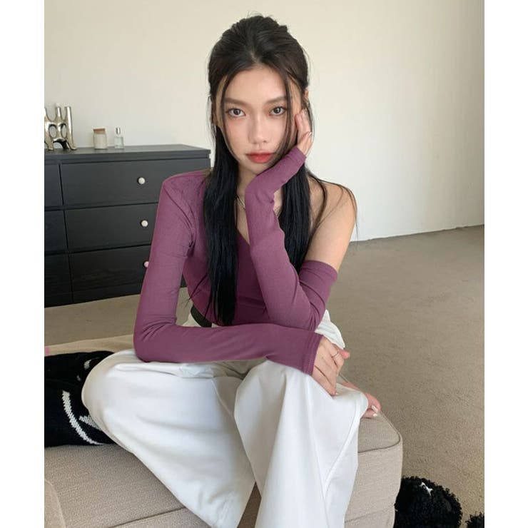 ワンショルダーショート丈ロングスリーブトップス トップス