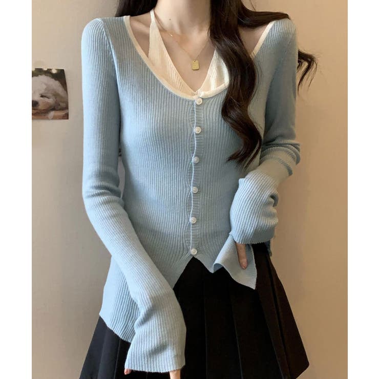 ブルー | レイヤード風リブニットカーディガン トップス アンサンブル風 | kirakiraShop 
