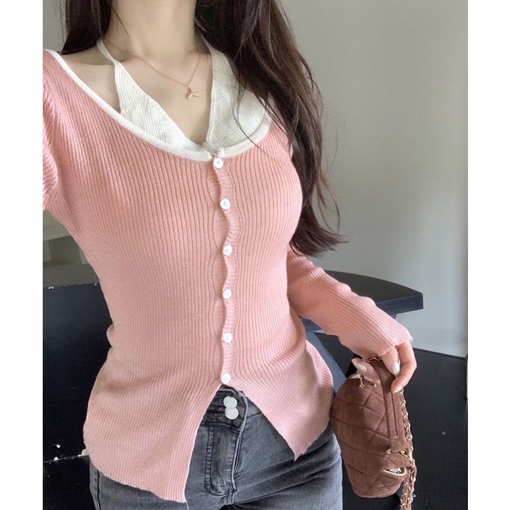 レイヤード風リブニットカーディガン トップス アンサンブル風 | kirakiraShop  | 詳細画像11 