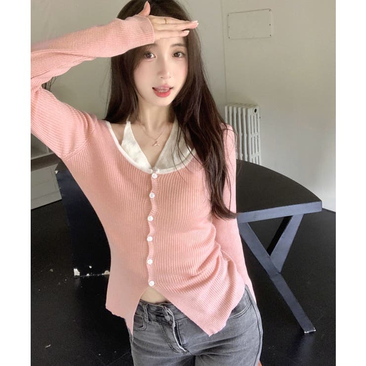 レイヤード風リブニットカーディガン トップス アンサンブル風 | kirakiraShop  | 詳細画像12 