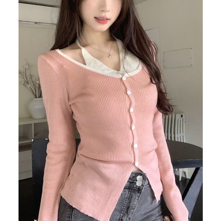 レイヤード風リブニットカーディガン トップス アンサンブル風 | kirakiraShop  | 詳細画像13 